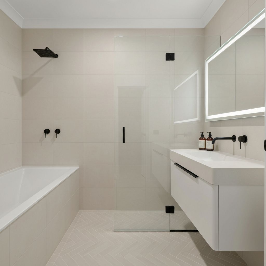 Modern bathroom renovation with porcelain tiles, frameless glass shower and wall-hung vanity