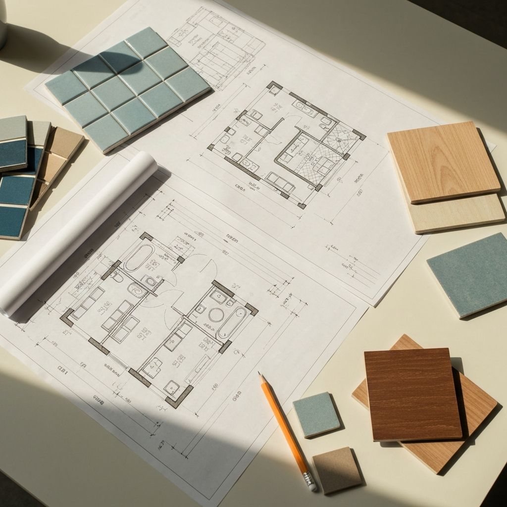 Renovation project planning with architectural blueprints, material samples and design tools