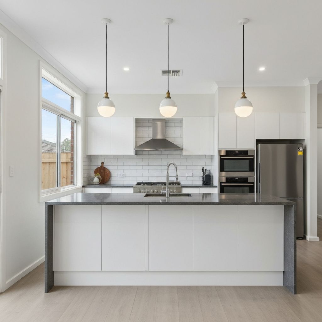Modern kitchen renovation with white cabinetry, stone benchtop and stainless steel appliances