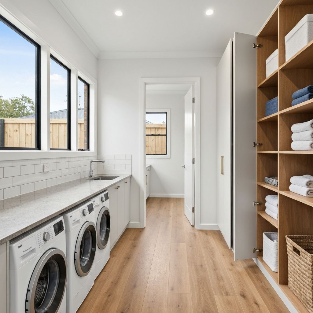 Modern laundry renovation with built-in cabinetry, stone benchtop and integrated appliances